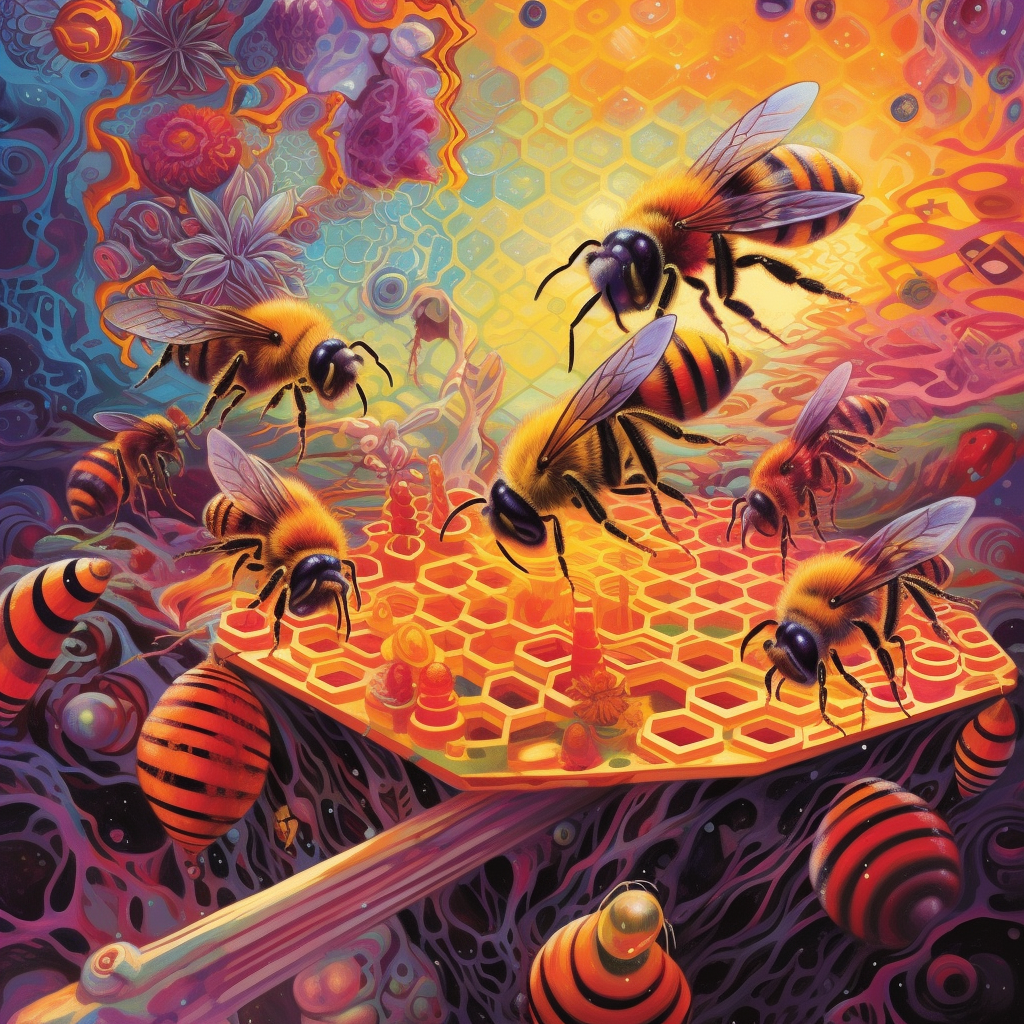 bees making honey in psychedelic plane