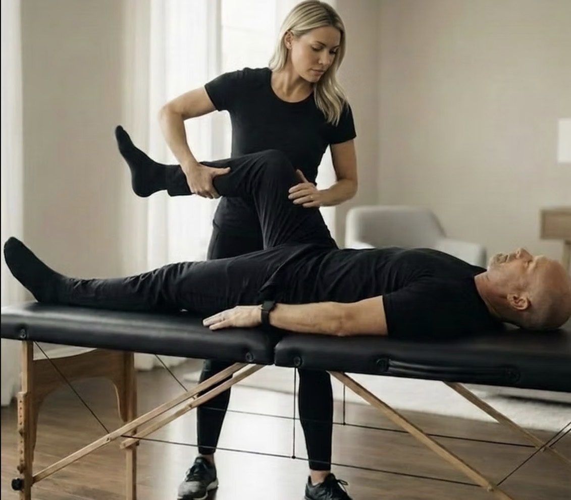 A stretch therapist assisting a client with a leg stretch in a living room